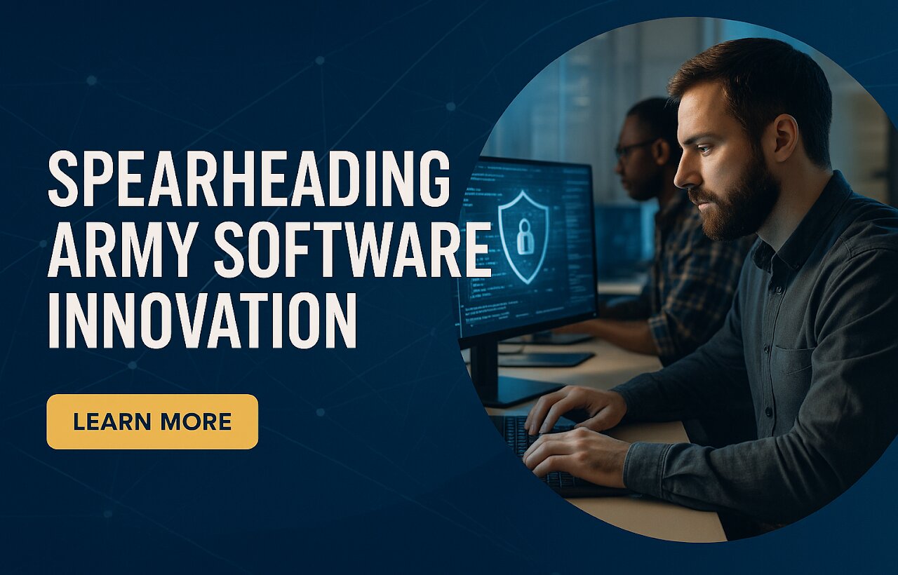 A promotional graphic showing a person seated at a computer workstation in a dimly lit office with multiple monitors displaying cybersecurity-related icons and data. On the left side of the image, bold white text reads: 'Spearheading Army Software Innovation.' Below the text is a yellow button labeled 'Learn More.' The background features a dark blue digital pattern with subtle network-style lines and dots. (AI generated graphic)