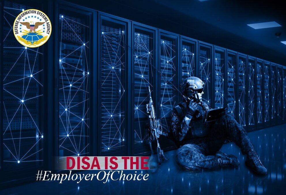 Graphic showing a soldier using a tablet in a server room with the text 'DISA is the #EmployerOfChoice' and the Defense Information Systems Agency seal. (DISA graphic by Bethani Crouch)