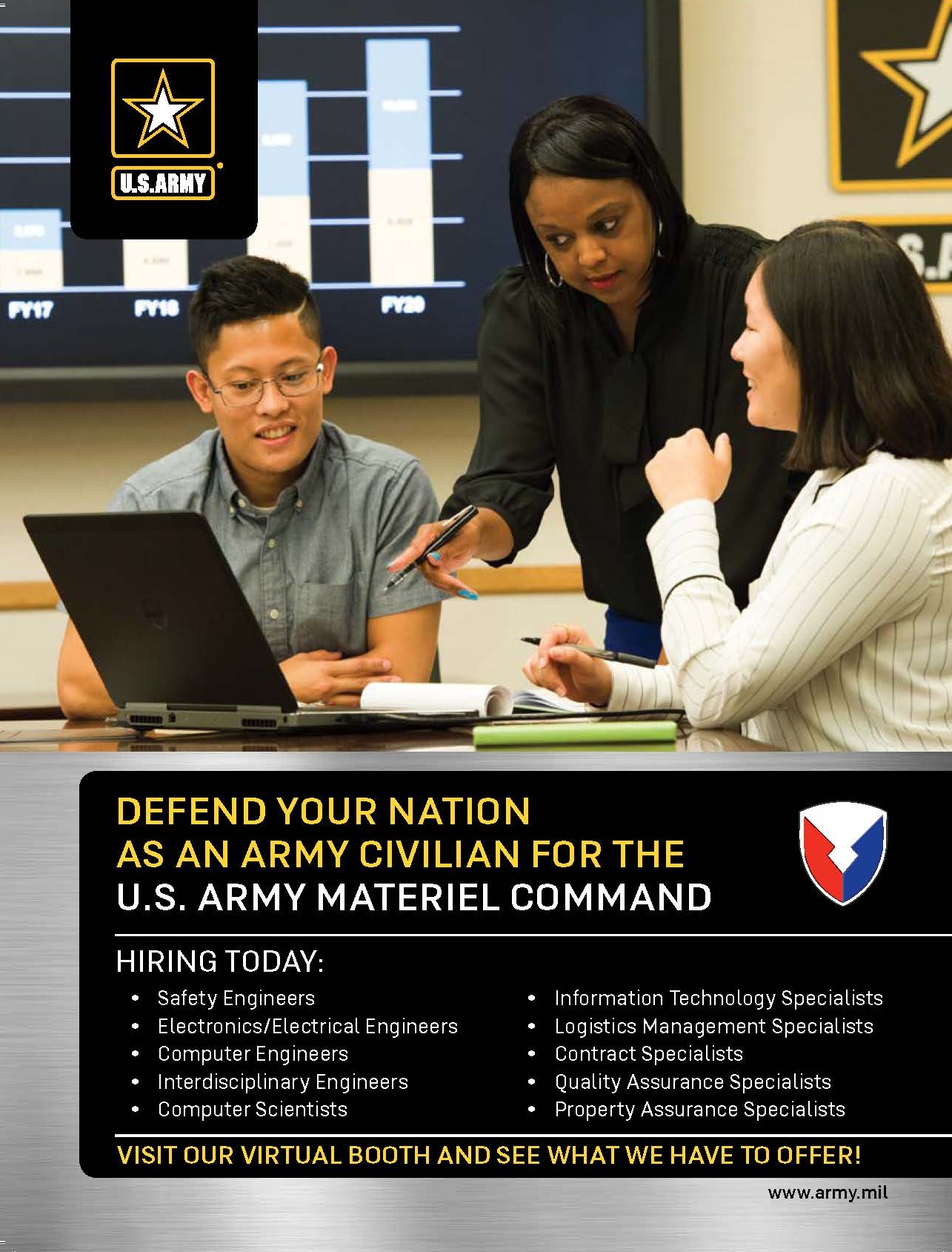 A recruitment-style graphic showing three individuals seated at a table in a classroom or meeting room, working together with a laptop, notebooks, and documents. One individual is standing and pointing at a paper while the other two look on. At the top left is the U.S. Army logo. Below the image, bold text reads: 'Defend your nation as an Army civilian for the U.S. Army Materiel Command.' A banner at the bottom invites viewers to visit the virtual booth, along with the website 'www.army.mil'. (U.S. Army Communications-Electronics Command graphic by Joanie Messenger)