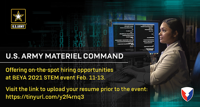 A promotional graphic showing a person working at a computer with multiple monitors displaying digital security visuals. Text on the left highlights U.S. Army Materiel Command on‑the‑spot hiring opportunities at the BEYA 2021 STEM event, along with a link to upload a résumé. The U.S. Army and AMC logos appear on the graphic. (U.S. Army Communications-Electronics Command graphic by Joanie Messenger)