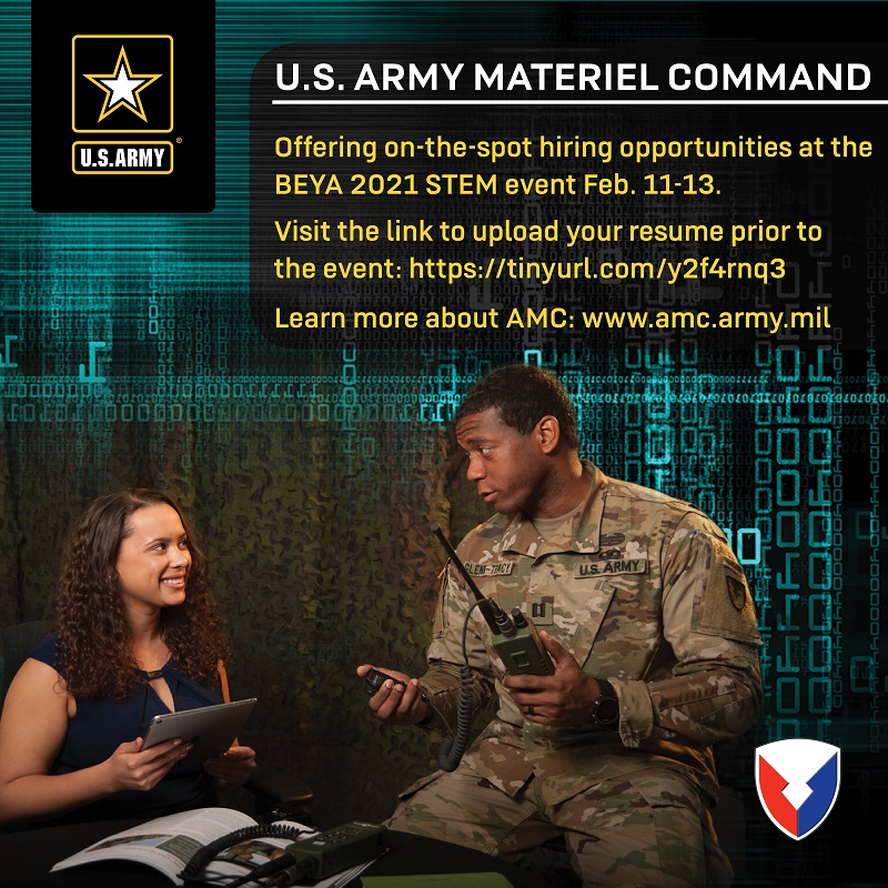 A promotional graphic showing two individuals talking at a table while reviewing a tablet and documents, with digital security graphics in the background. Text highlights U.S. Army Materiel Command hiring opportunities at the BEYA 2021 STEM event, along with a résumé upload link and website information. (U.S. Army Communications-Electronics Command graphic by Joanie Messenger)