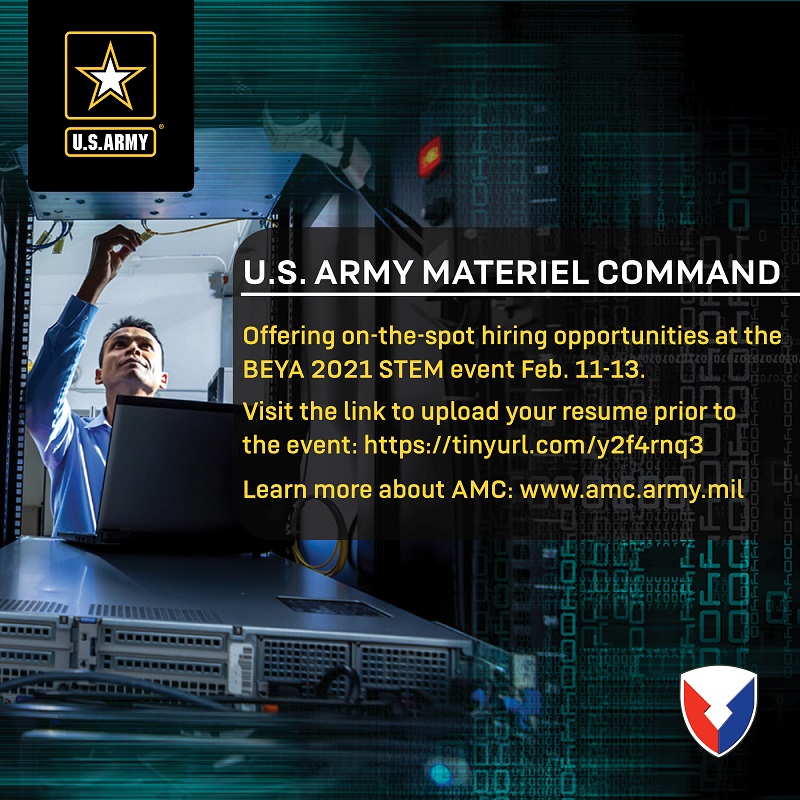 A promotional graphic showing a person working inside a server room with a laptop, set against digital security graphics. Text highlights U.S. Army Materiel Command on‑the‑spot hiring opportunities at the BEYA 2021 STEM event, with a résumé upload link and AMC website. (U.S. Army Communications-Electronics Command graphic by Joanie Messenger)