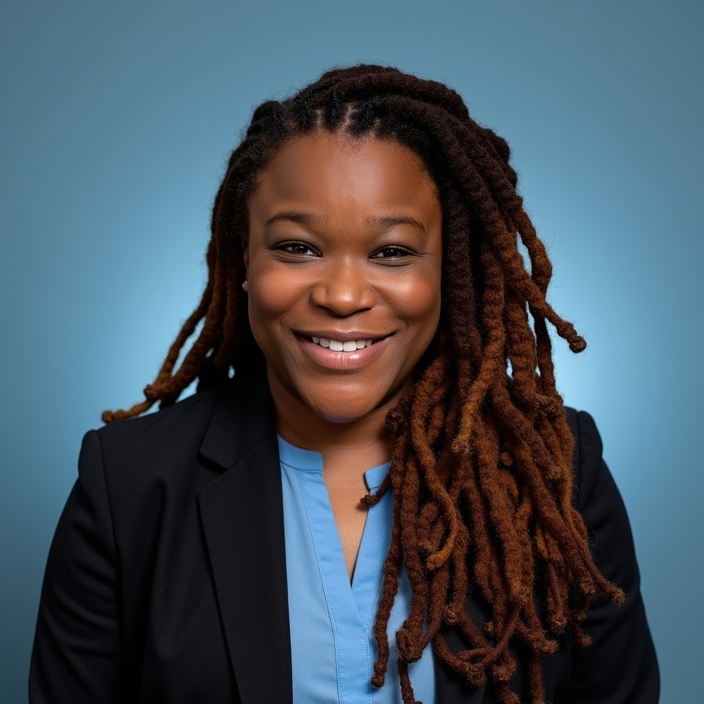 A close-up portrait of a woman against a smooth blue background. The woman is facing the camera with a relaxed and happy expression. The woman has long, textured hair styled in thick, rope-like strands that fall over one shoulder. The woman is wearing a dark blazer over a light blue top. The lighting is even and highlights the facial features and hair texture. (Image by Bethani Crouch)