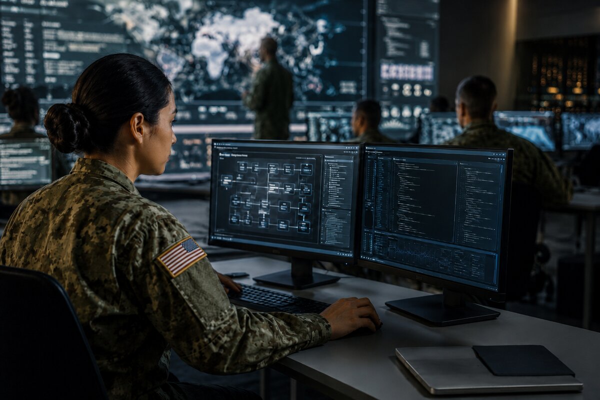 Inside a high‑tech operations center, a uniformed individual sits at a desk monitoring two computer screens displaying complex digital maps, diagrams, and code. Several other uniformed personnel work at computer stations throughout the room, and a large wall display in the background shows global maps and data visualizations. (AI generated image)