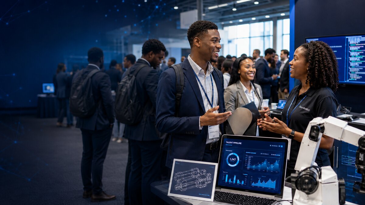 In a large, modern exhibition or conference space, multiple people in business attire are gathered, networking and talking in small groups. In the foreground, two individuals are engaged in conversation near a technology display table featuring a laptop with data visualizations on the screen, a small robotic arm, and a digital diagram. The background shows more attendees, booths, and bright overhead lighting. (AI generated image)